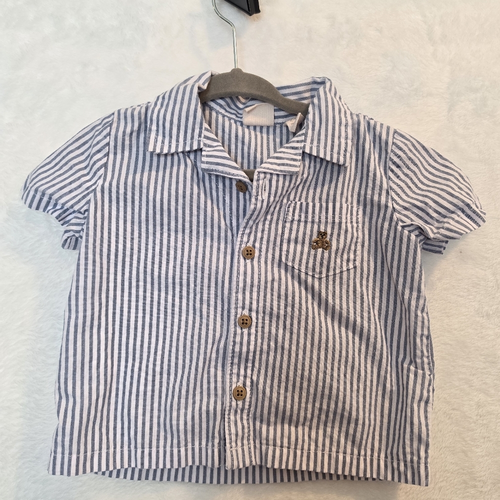 Baby GAP Striped Button Down Short Sleeve Preppy Shirt w/bear 6-12 Months